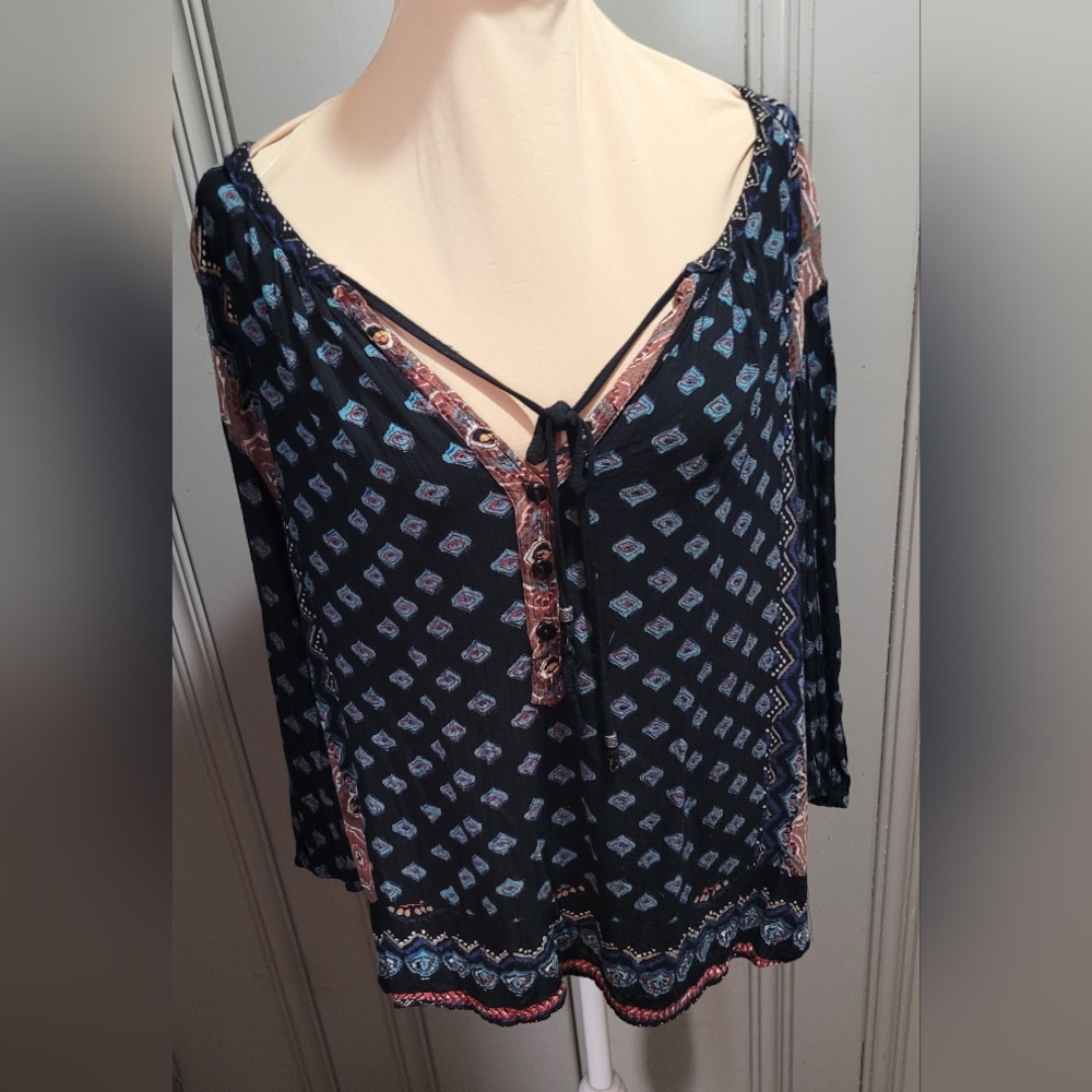 ROD'S Black Print Long Sleeve Peasant Boho Style Top with Tie Size Medium